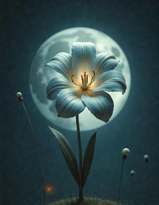 The primary subject of the image is a white flower with a yellow center, which is sitting in a vase. The setting is a nighttime scene with a full moon in the background, creating a serene and peaceful atmosphere. The visual style is a digital art, which adds a unique and artistic touch to the scene. The dominant colors are white and yellow, with the moon adding a touch of blue.